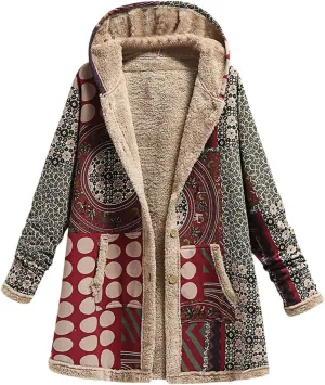Sherpa Lined Jacket for Women Thick Long Sleeve Warm Winter Coats Vintage Western Print Fleece Outwear Hoodie