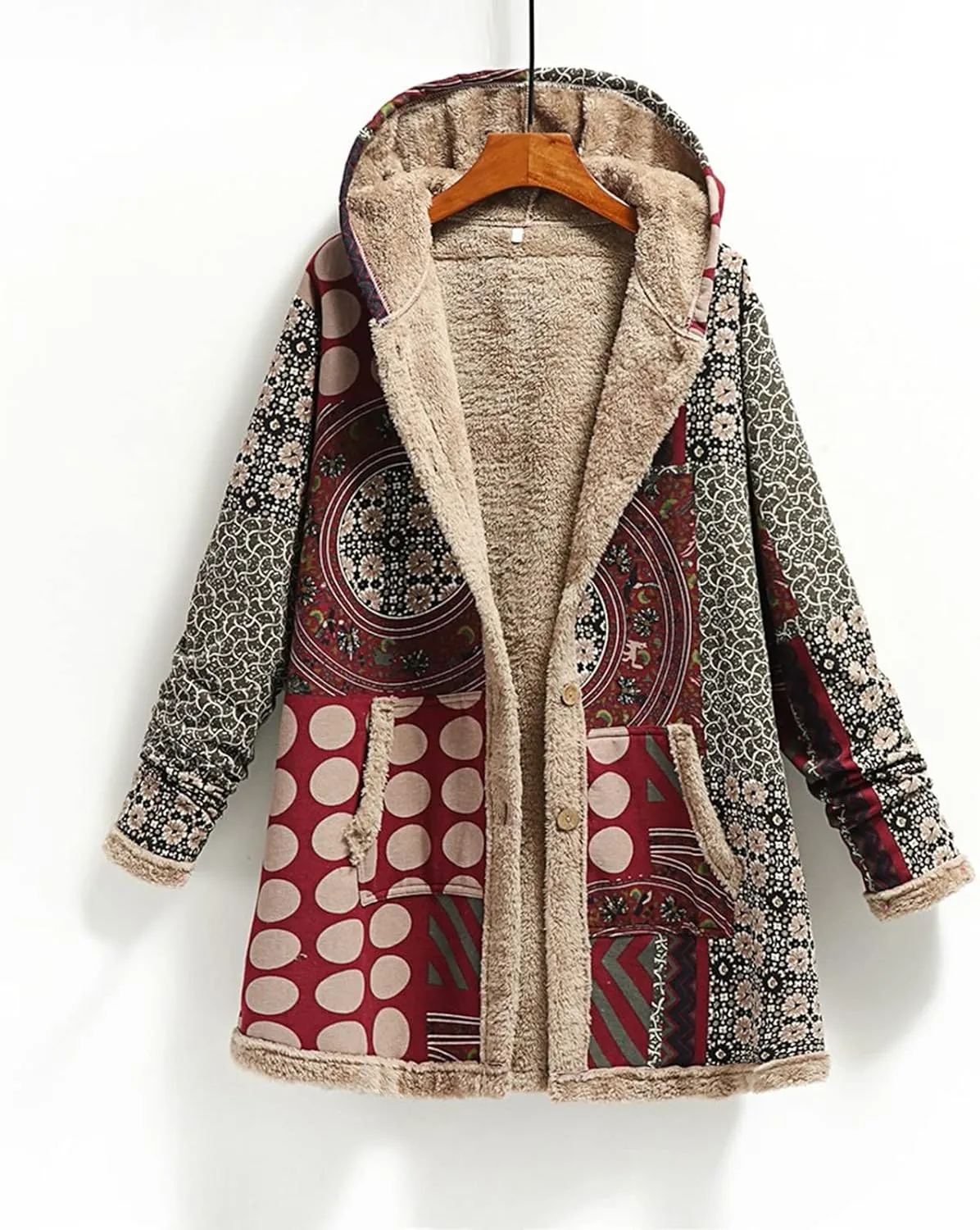 Sherpa Lined Jacket for Women Thick Long Sleeve Warm Winter Coats Vintage Western Print Fleece Outwear Hoodie