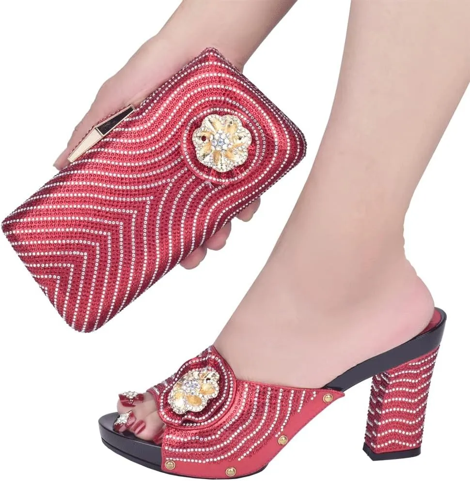 Shoe bag set heels chunky heels Accessorized with rhinestones Dinner bag Clutch bag(40)