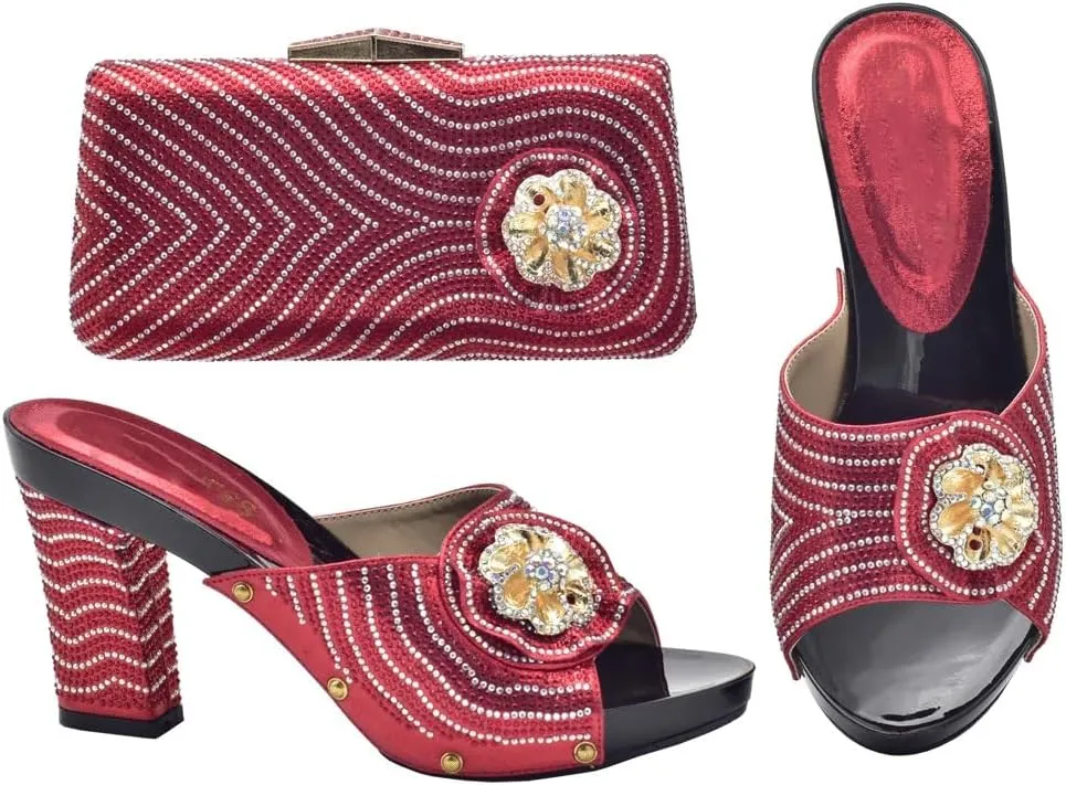 Shoe bag set heels chunky heels Accessorized with rhinestones Dinner bag Clutch bag(40)