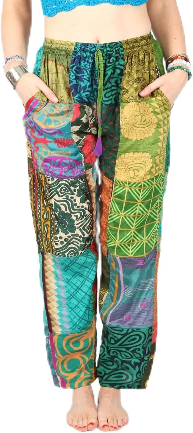 Silk Comfortable Patch Work Trousers, Super Comfy Yoga Pant, Boho Hippie Green Harem Pant, Boho Patchwork Harem Pants, Womens Festival Pants.