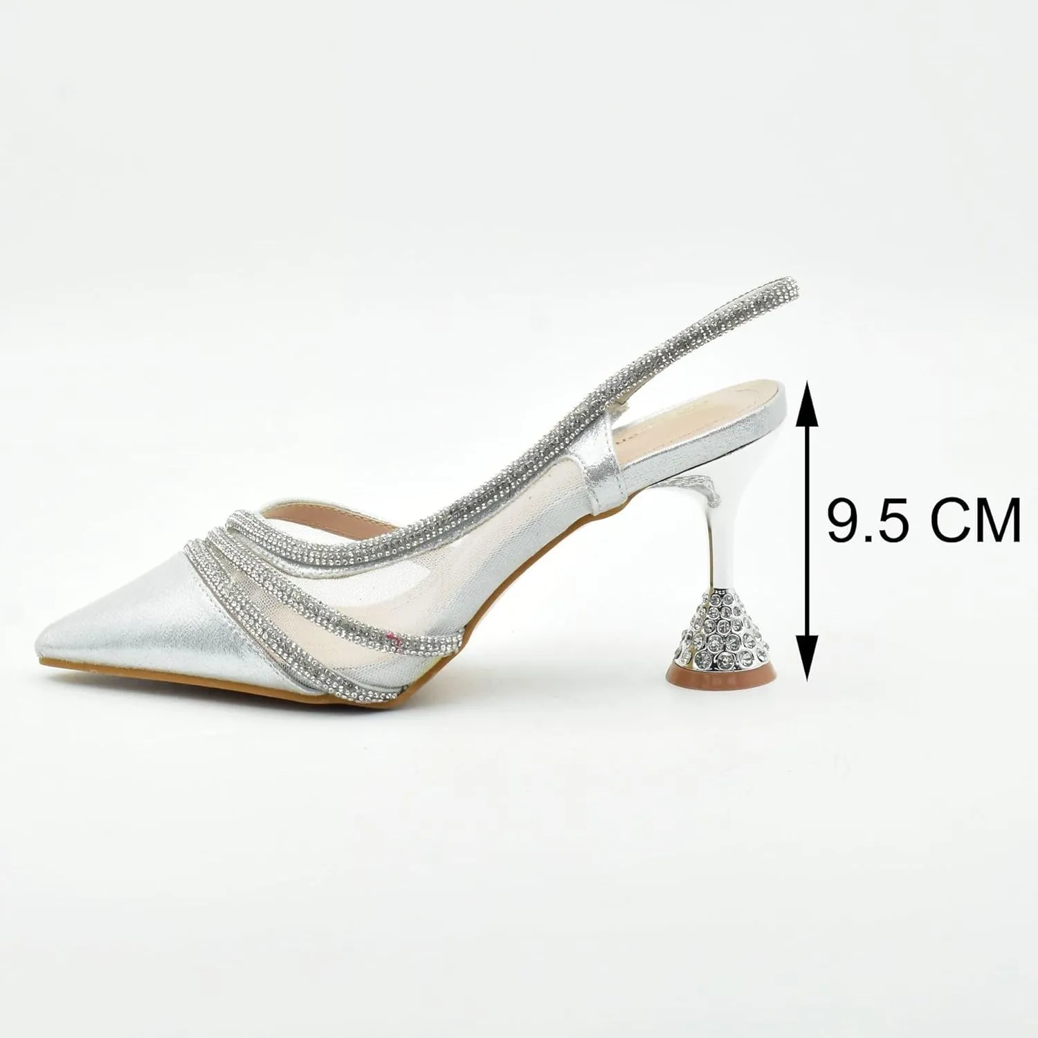Silver Shoe Bag Set with high Heels 9.5cm Pointed Glass and Heels with Shoulder Bag and Underarm Bag(43)