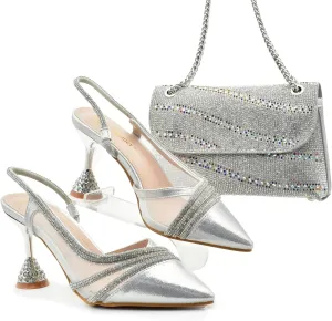 Silver Shoe Bag Set with high Heels 9.5cm Pointed Glass and Heels with Shoulder Bag and Underarm Bag(43)