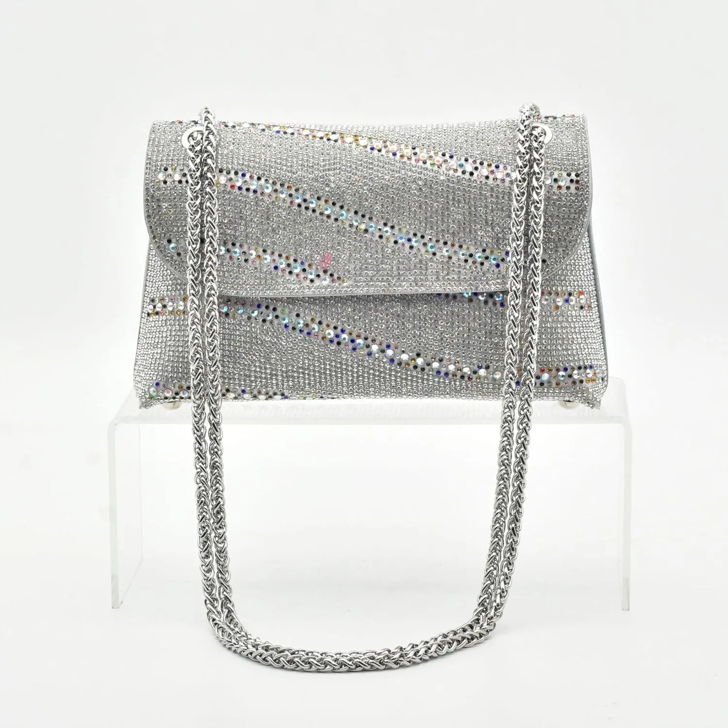 Silver Shoe Bag Set with high Heels 9.5cm Pointed Glass and Heels with Shoulder Bag and Underarm Bag(43)