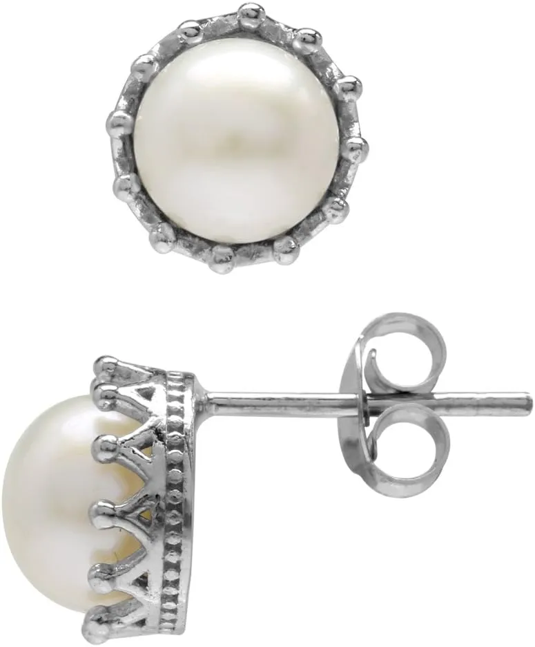Silvershake 7mm Cultured Freshwater Pearl White Gold Plated 925 Sterling Silver Crown Stud Post Earrings
