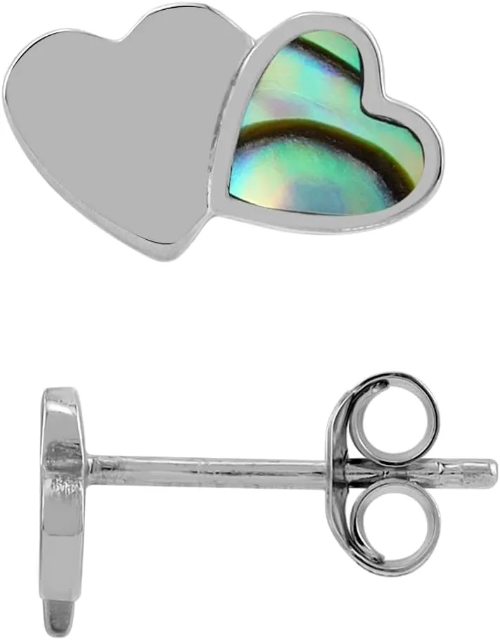 Silvershake Abalone Paua Shell Inlay White Gold Plated 925 Sterling Silver Minimalist Twin Heart Casual Love Stud Post Earrings Jewelry for Women