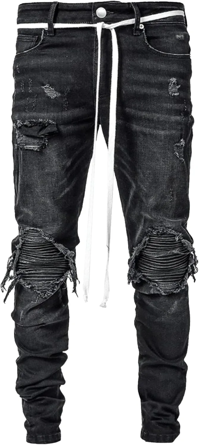 Slim Fit Stretch Ripped Jeans for Men Tapered Leg Distressed Biker Jeans Vintage Fashion Skinny Denim Pants