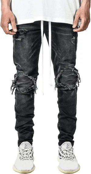 Slim Fit Stretch Ripped Jeans for Men Tapered Leg Distressed Biker Jeans Vintage Fashion Skinny Denim Pants
