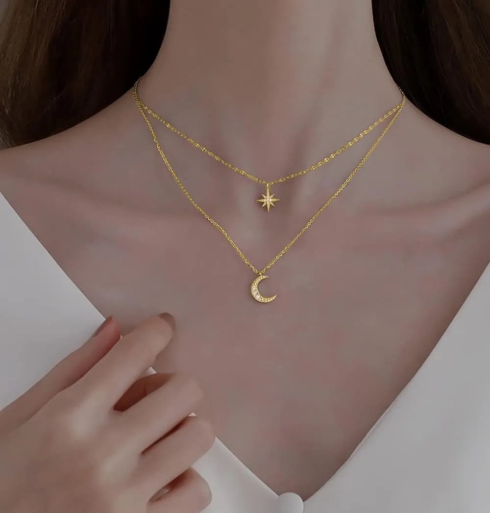 SLUYNZ 925 Sterling Silver Layered Necklace Chain Star Moon Choker Necklace for Women Layering Chain Choker