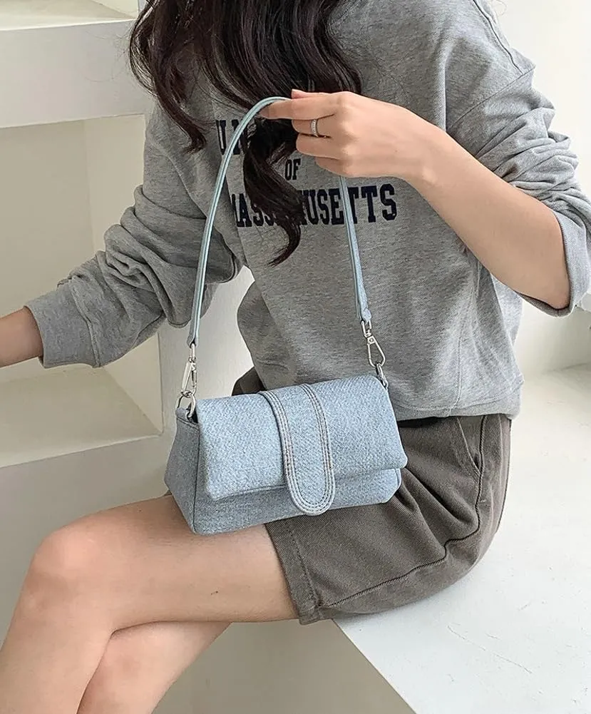 Small Denim Shoulder Bag for Women Vegan Leather Totes Purse Y2k Handbag Top Handle Satchel