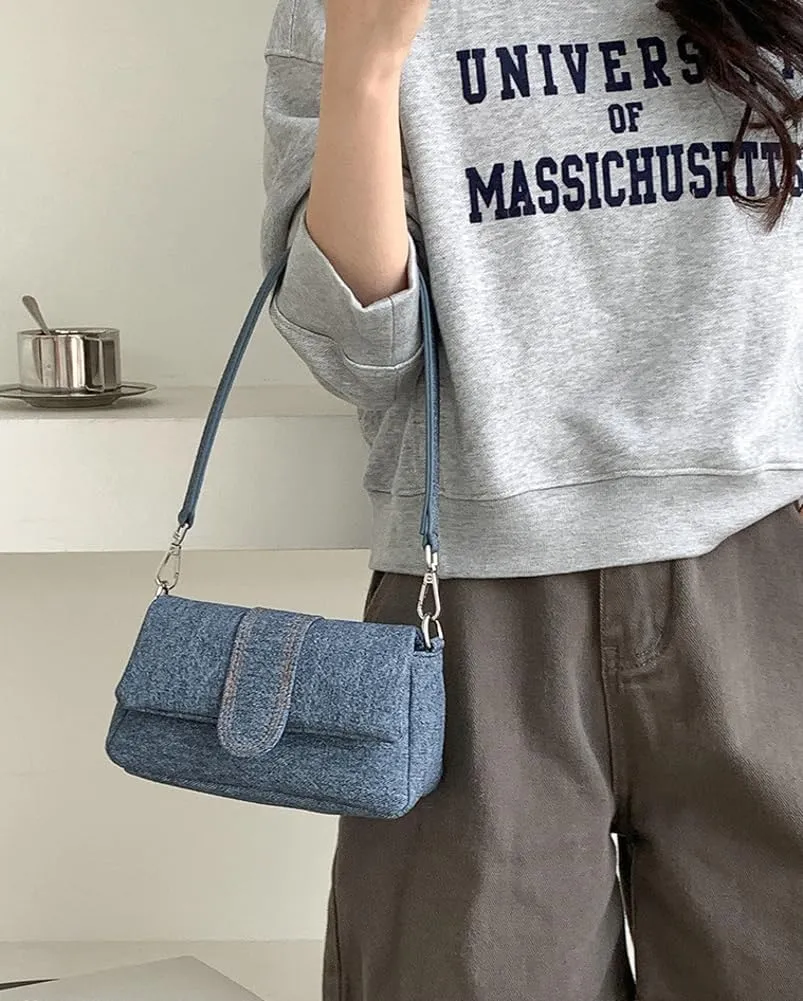 Small Denim Shoulder Bag for Women Vegan Leather Totes Purse Y2k Handbag Top Handle Satchel