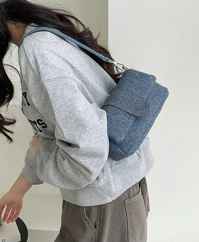 Small Denim Shoulder Bag for Women Vegan Leather Totes Purse Y2k Handbag Top Handle Satchel
