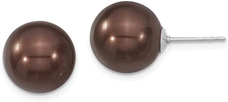 Solid 925 Sterling Silver 12-13mm Brown Imitation Shell Pearl Stud Earrings mm