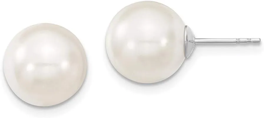 Solid 925 Sterling Silver Majestik 10-11mm White Imitation Shell Pearl Stud Earrings mm