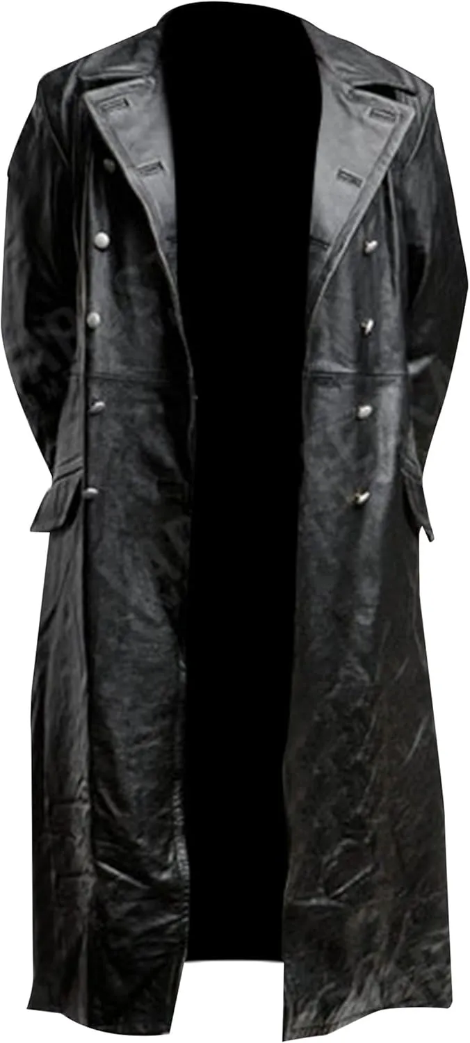 SpazeUp Mens Double Breasted Black Leather Trench Coat - Military Officer Uniform Vintage Black Jacket Coat Men
