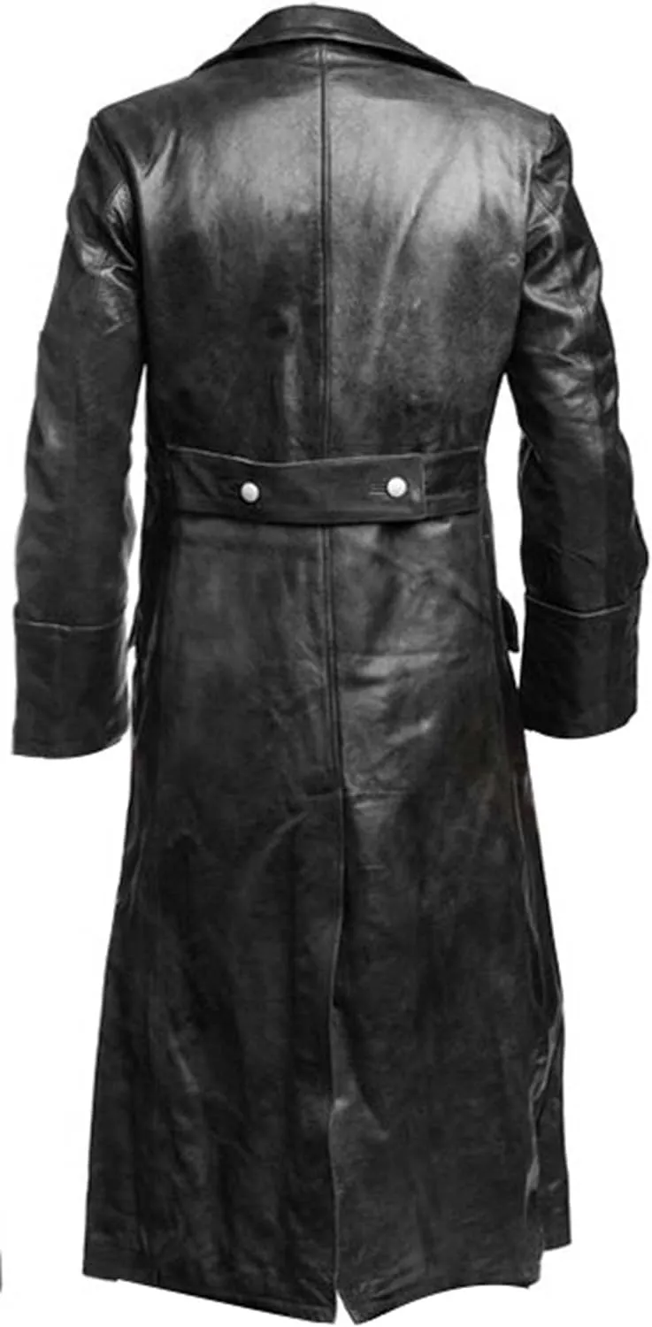 SpazeUp Mens Double Breasted Black Leather Trench Coat - Military Officer Uniform Vintage Black Jacket Coat Men