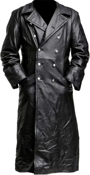 SpazeUp Mens Double Breasted Black Leather Trench Coat - Military Officer Uniform Vintage Black Jacket Coat Men