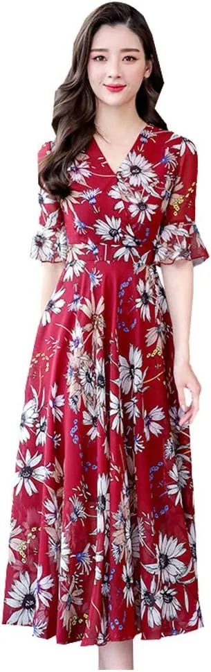 Spring Dresses for Women Trendy Flowy Casual V Neck 3/4 Sleeve Floral Maxi Dress A Line Plus Size Summer Long Dresses