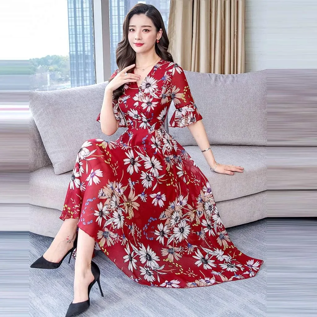 Spring Dresses for Women Trendy Flowy Casual V Neck 3/4 Sleeve Floral Maxi Dress A Line Plus Size Summer Long Dresses