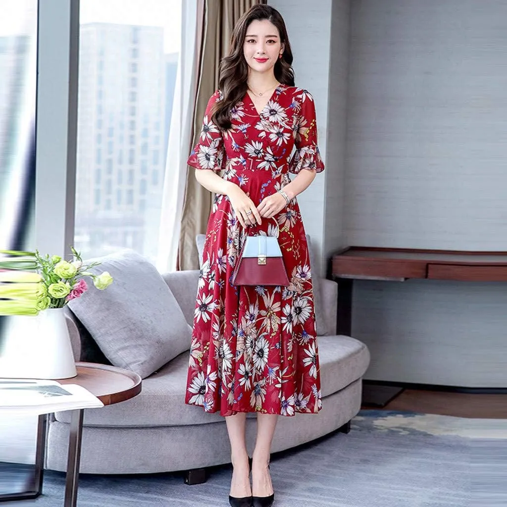 Spring Dresses for Women Trendy Flowy Casual V Neck 3/4 Sleeve Floral Maxi Dress A Line Plus Size Summer Long Dresses