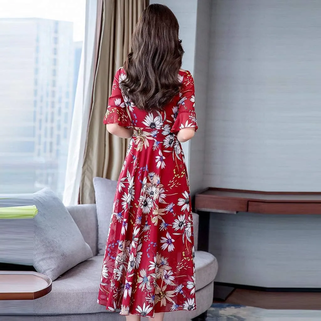 Spring Dresses for Women Trendy Flowy Casual V Neck 3/4 Sleeve Floral Maxi Dress A Line Plus Size Summer Long Dresses