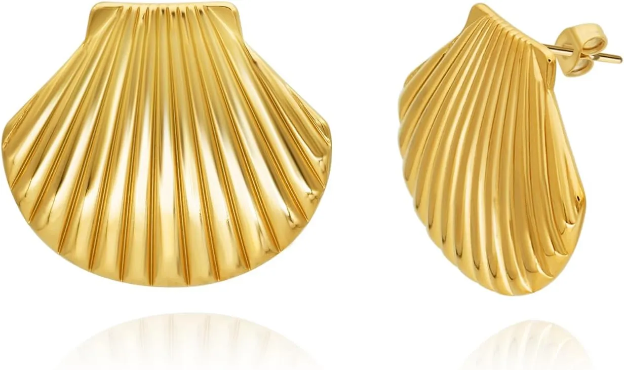 Statement Gold Plated Shell Texture Ear Stud Earrings for Women,Seashell Stainless Steel Hypoallergenic Earrings Irregular Geometric Minimalist Beachy Earrings Trendy Jewelry