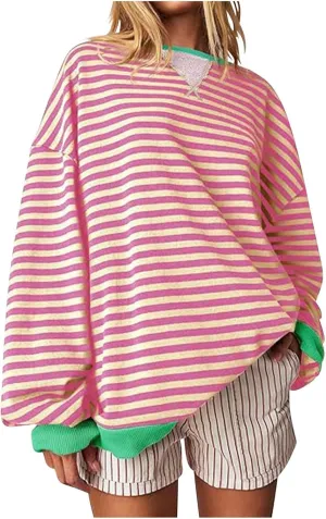 Striped Sweatshirt For Women 2024 Cute Fall Fashion Oversized Long Sleeve Crewneck Pullover Tops Teens y2k Outfits