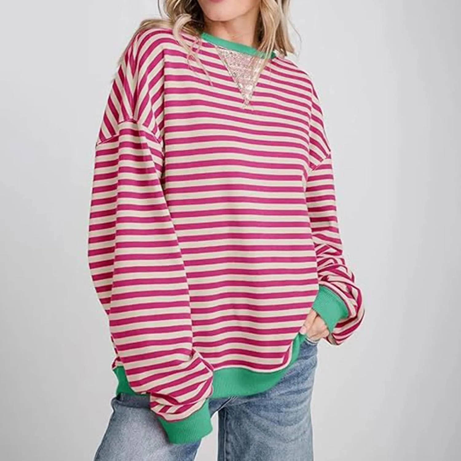 Striped Sweatshirt For Women 2024 Cute Fall Fashion Oversized Long Sleeve Crewneck Pullover Tops Teens y2k Outfits