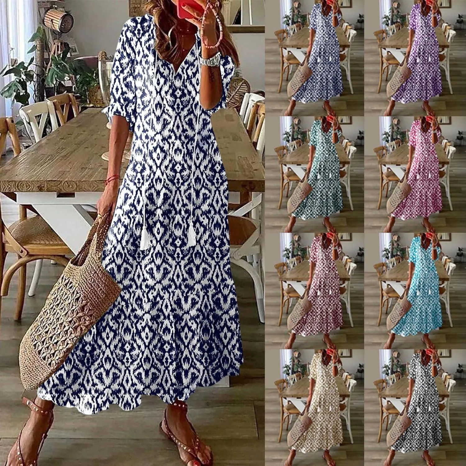 Summer Dresses for Women 2025 Boho Floral Print Long Dress Plus Size Maxi Sundress Flowy Beach Vacation Dress Outfits