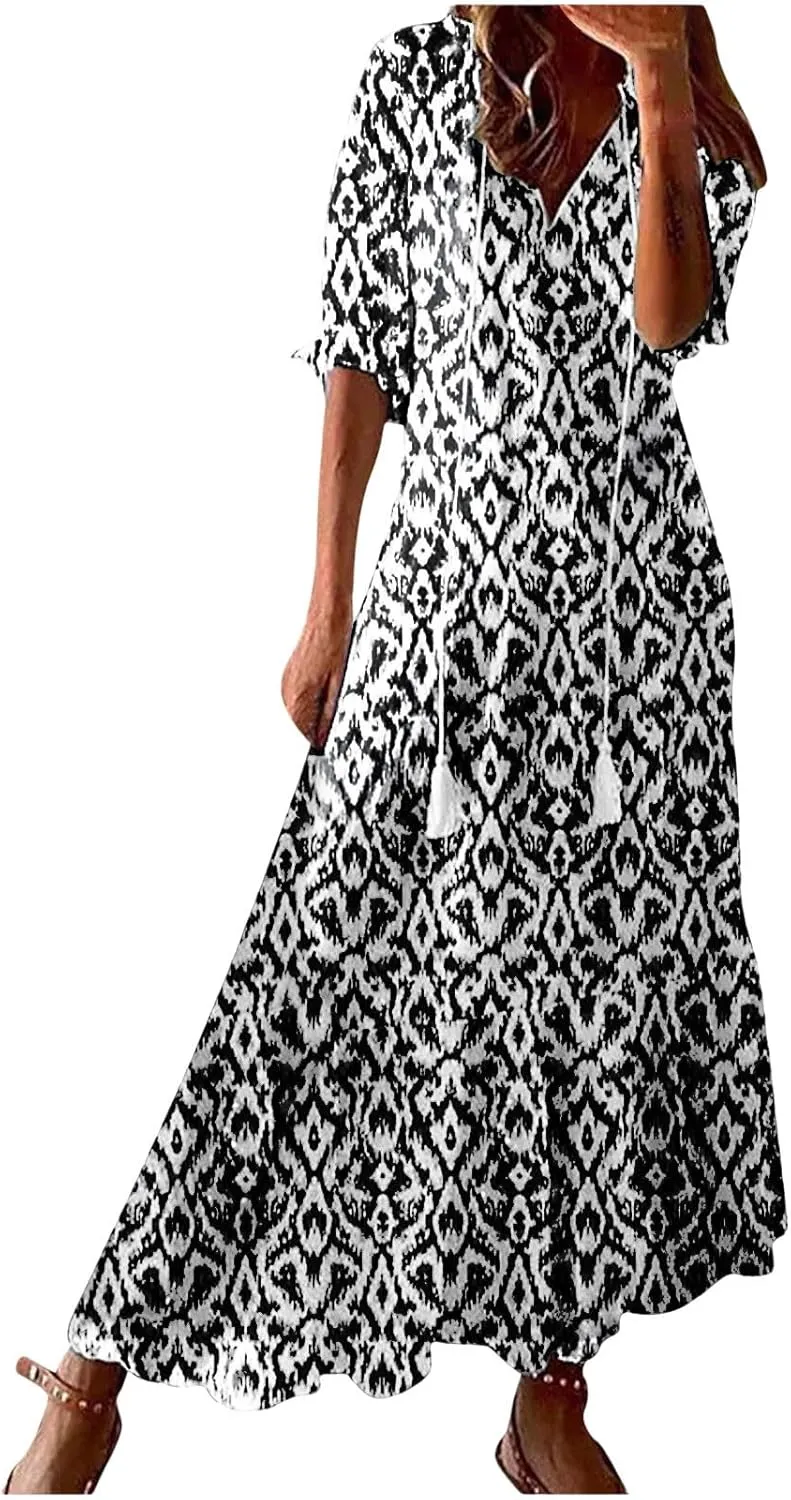 Summer Dresses for Women 2025 Boho Floral Print Long Dress Plus Size Maxi Sundress Flowy Beach Vacation Dress Outfits