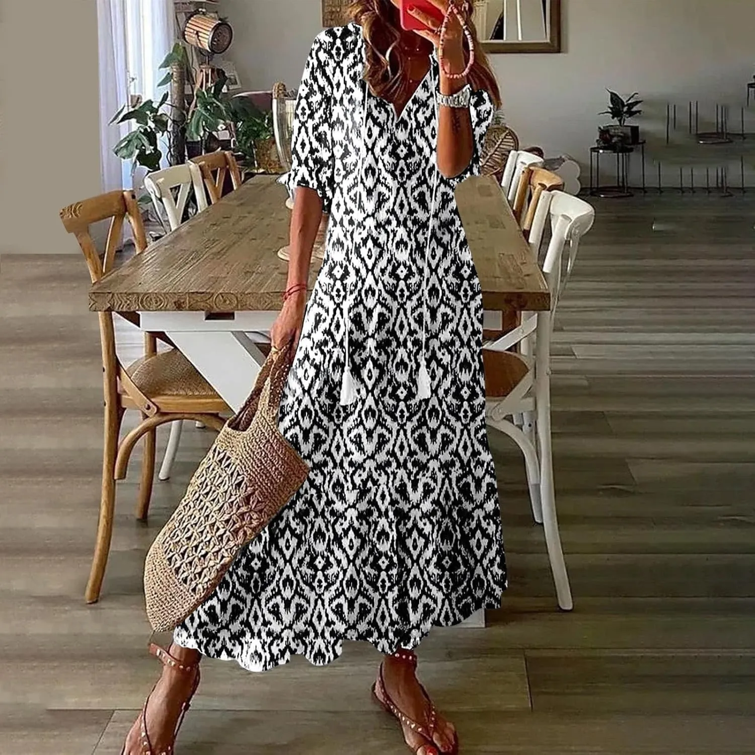 Summer Dresses for Women 2025 Boho Floral Print Long Dress Plus Size Maxi Sundress Flowy Beach Vacation Dress Outfits
