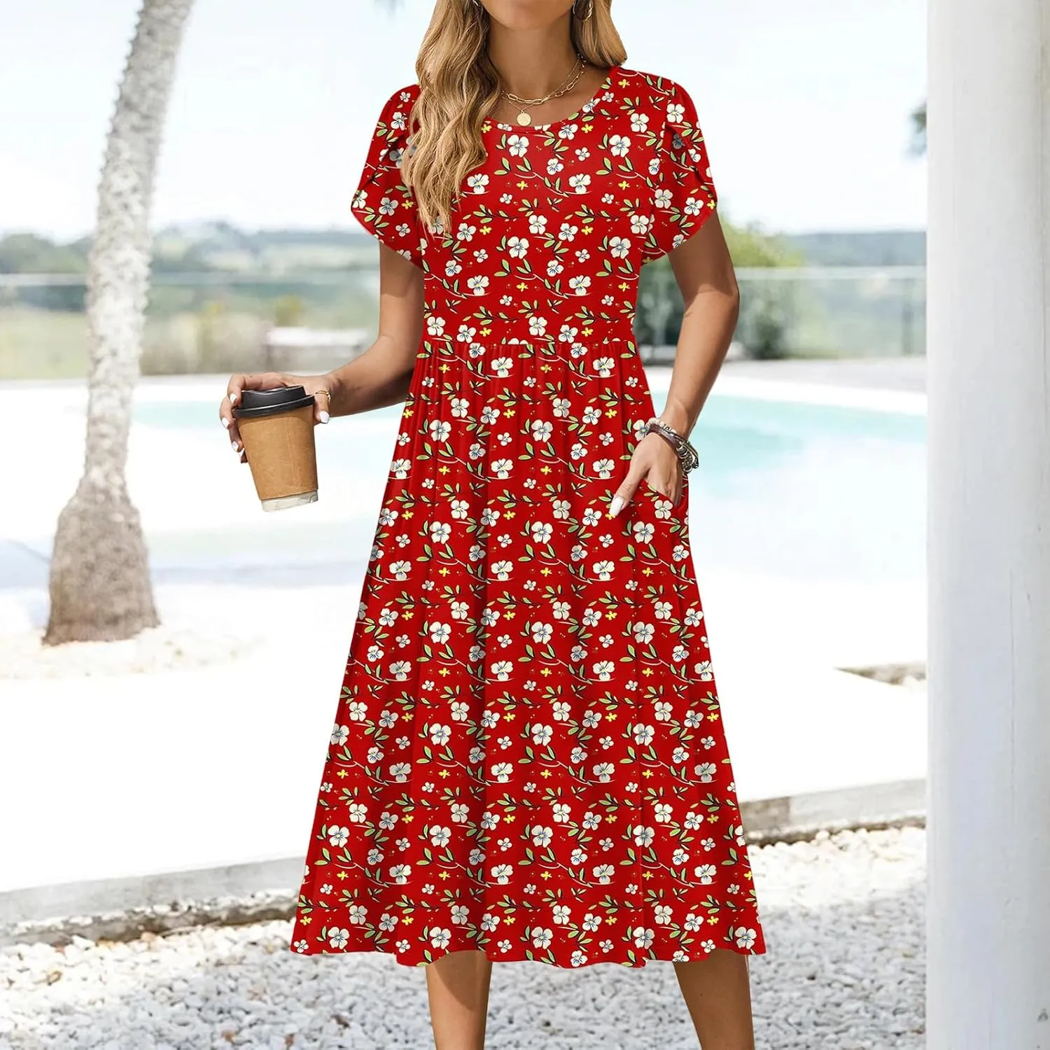 Summer Dresses for Women Boho Sundress Crew Neck Short Sleeve Fashion Floral High Waist Dresses Ruffle Hem Dress 2025