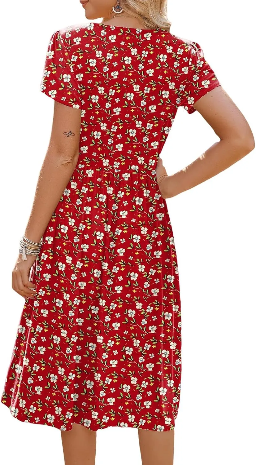 Summer Dresses for Women Boho Sundress Crew Neck Short Sleeve Fashion Floral High Waist Dresses Ruffle Hem Dress 2025