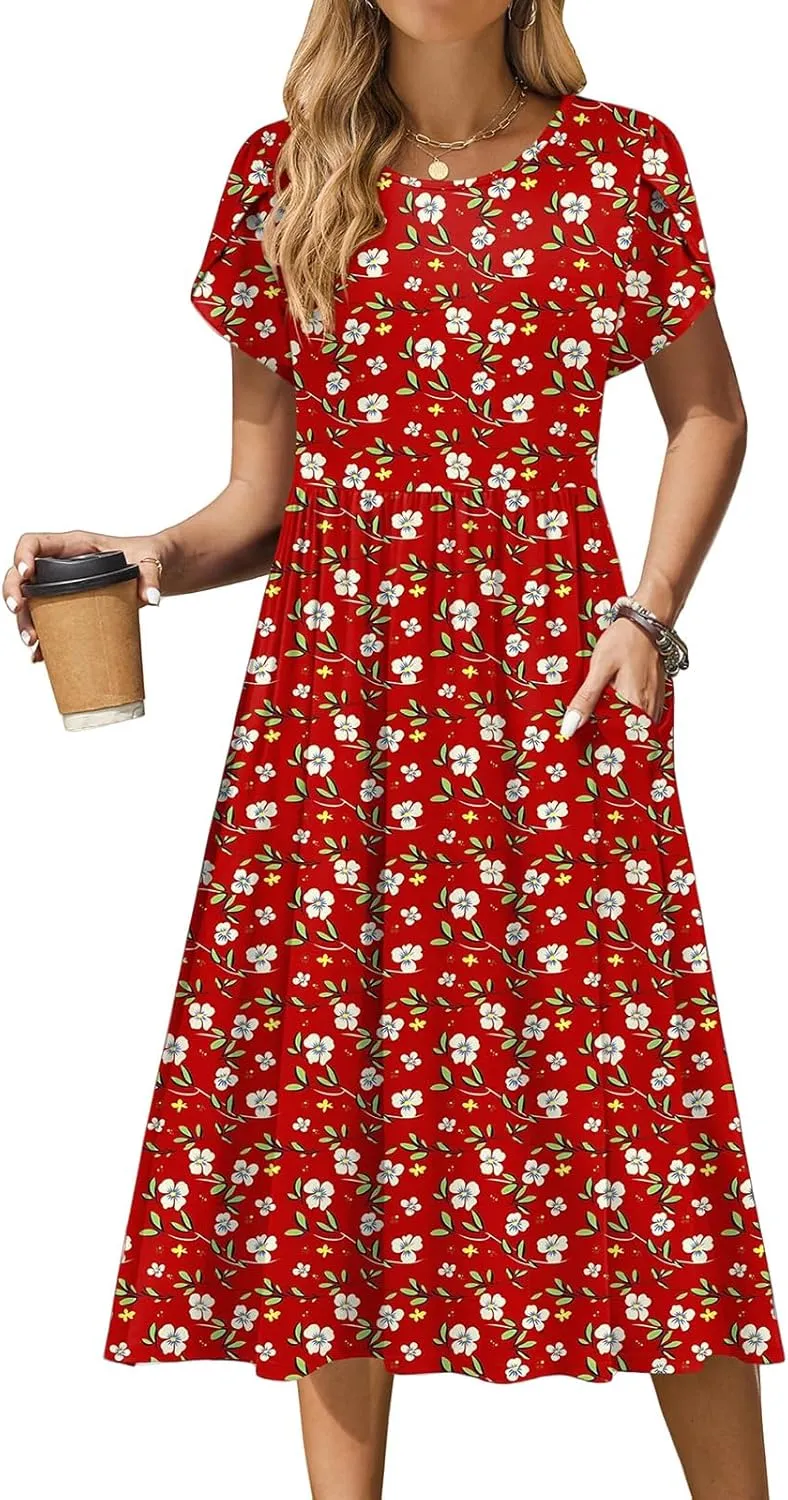 Summer Dresses for Women Boho Sundress Crew Neck Short Sleeve Fashion Floral High Waist Dresses Ruffle Hem Dress 2025