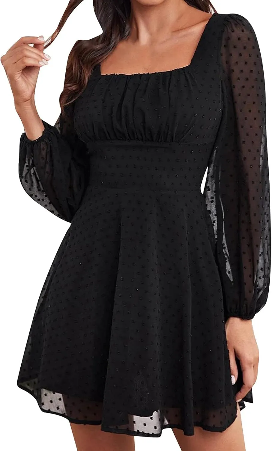 Summer Dresses for Women Sheer Mesh Lantern Sleeve Square Neck Polka Dots A line Dress Swiss Dots Swing Mini Dress