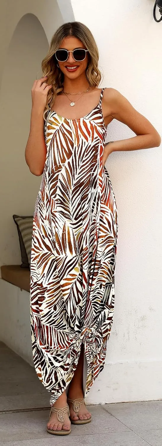 Supnier Women's Summer Maxi Dress Casual V-Neck Sleeveless Bohemian Spaghetti Strap Floral Long Maxi Dress with Pockets