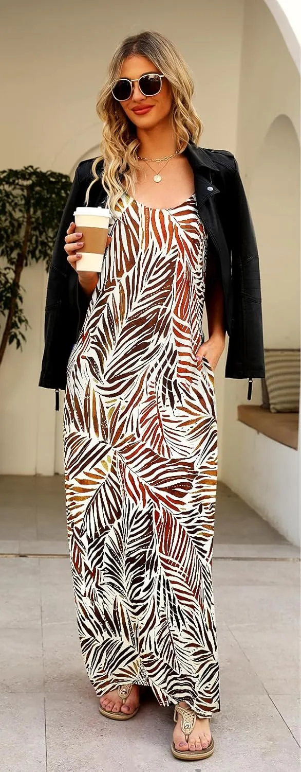 Supnier Women's Summer Maxi Dress Casual V-Neck Sleeveless Bohemian Spaghetti Strap Floral Long Maxi Dress with Pockets