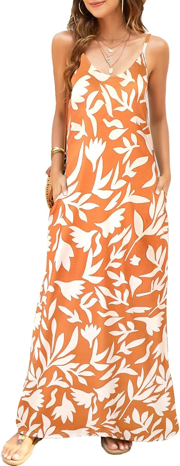 Supnier Women's Summer Maxi Dress Casual V-Neck Sleeveless Bohemian Spaghetti Strap Floral Long Maxi Dress with Pockets