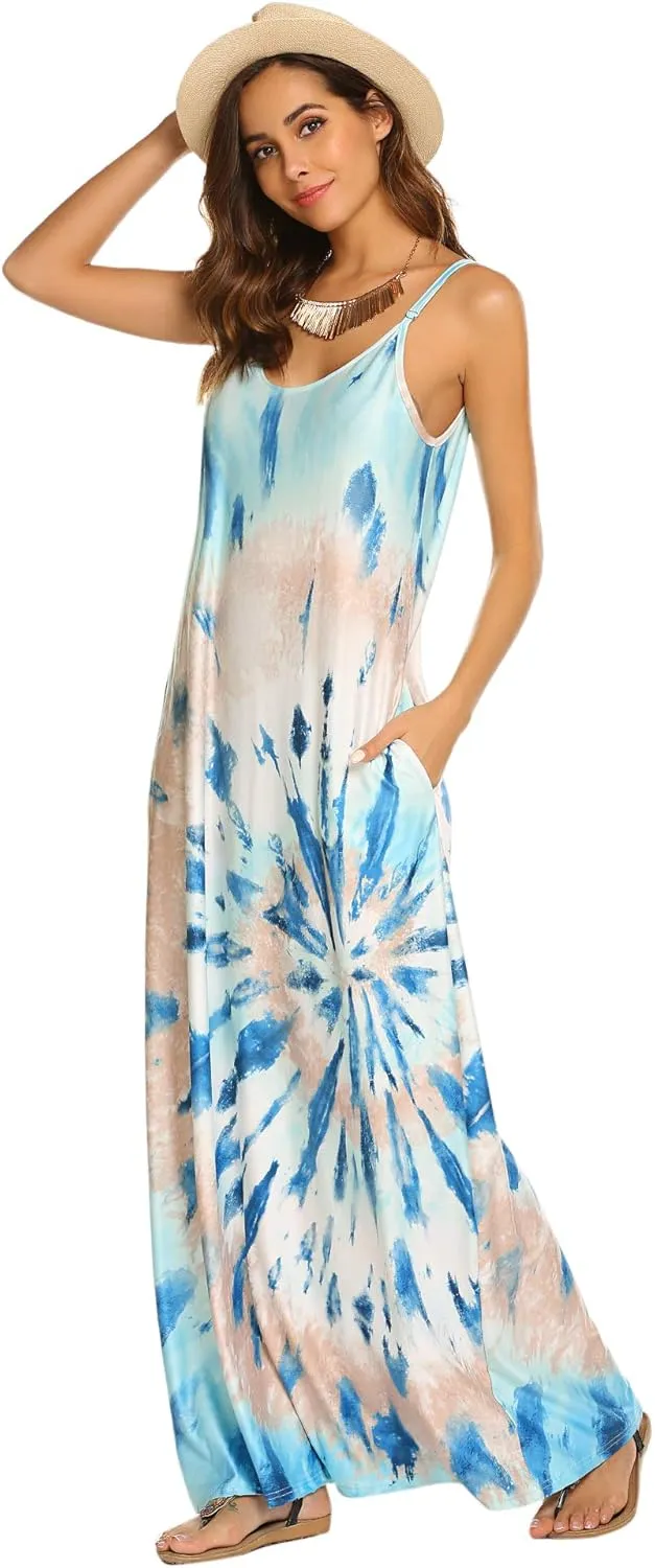 Supnier Women's Summer Maxi Dress Casual V-Neck Sleeveless Bohemian Spaghetti Strap Floral Long Maxi Dress with Pockets