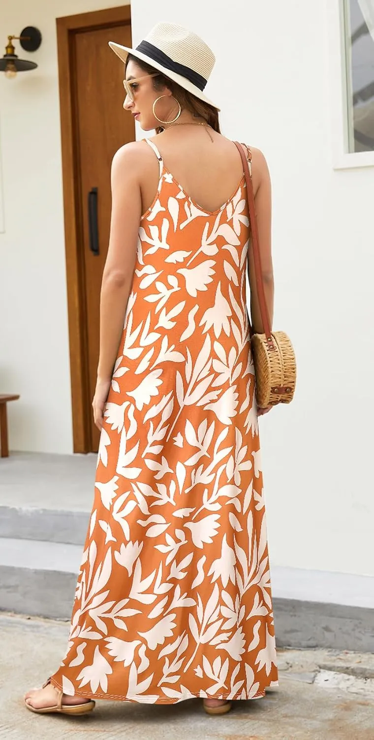 Supnier Women's Summer Maxi Dress Casual V-Neck Sleeveless Bohemian Spaghetti Strap Floral Long Maxi Dress with Pockets