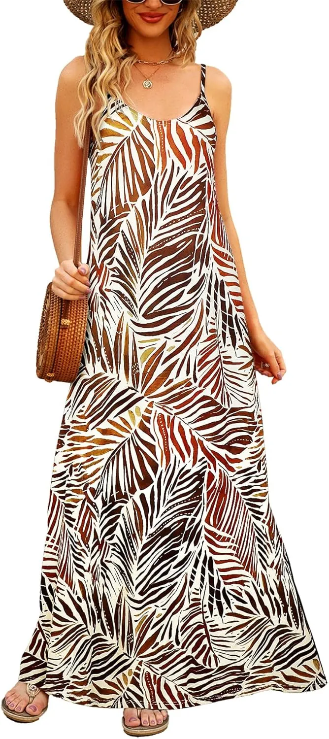 Supnier Women's Summer Maxi Dress Casual V-Neck Sleeveless Bohemian Spaghetti Strap Floral Long Maxi Dress with Pockets