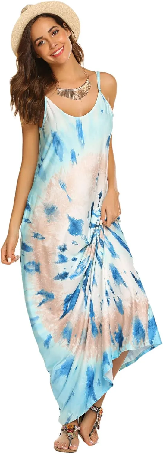 Supnier Women's Summer Maxi Dress Casual V-Neck Sleeveless Bohemian Spaghetti Strap Floral Long Maxi Dress with Pockets