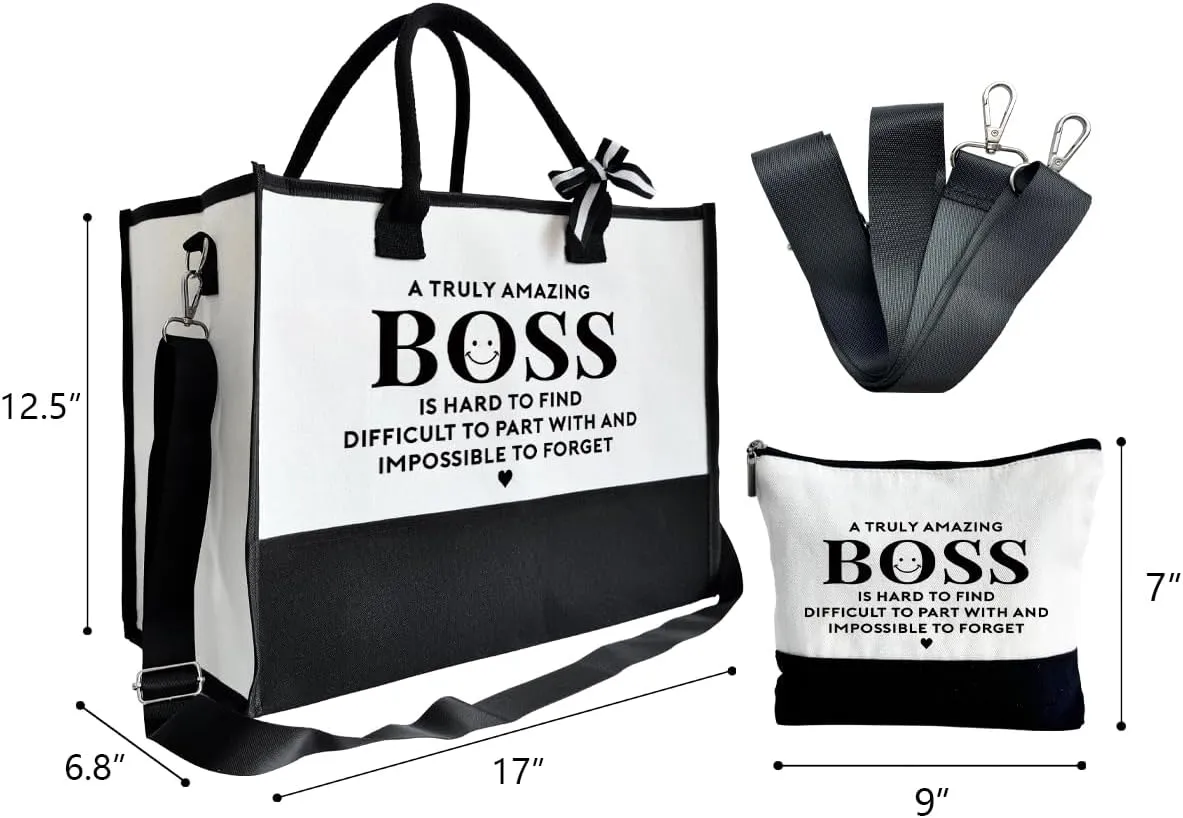 SUSZDOU Amazing Boss Tote Bag, Canvas Tote Bag for Women, Shoulder Beach Bag, Thank You Gift for Female Boss, Boss Gifts for Women, Travel Bag Gifts for Boss, Canvas Tote Bag With Zipper, Make Up Gag