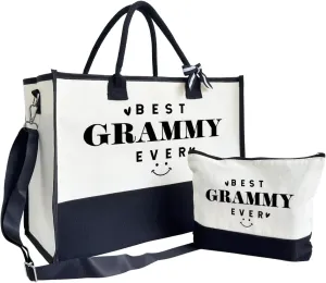 SUSZDOU Gift for Best Grammy Ever, Canvas Beach Tote for Women, Grammy Birthday & Mother's Day Gift, Canvas Outing Bag with Make Up Bag