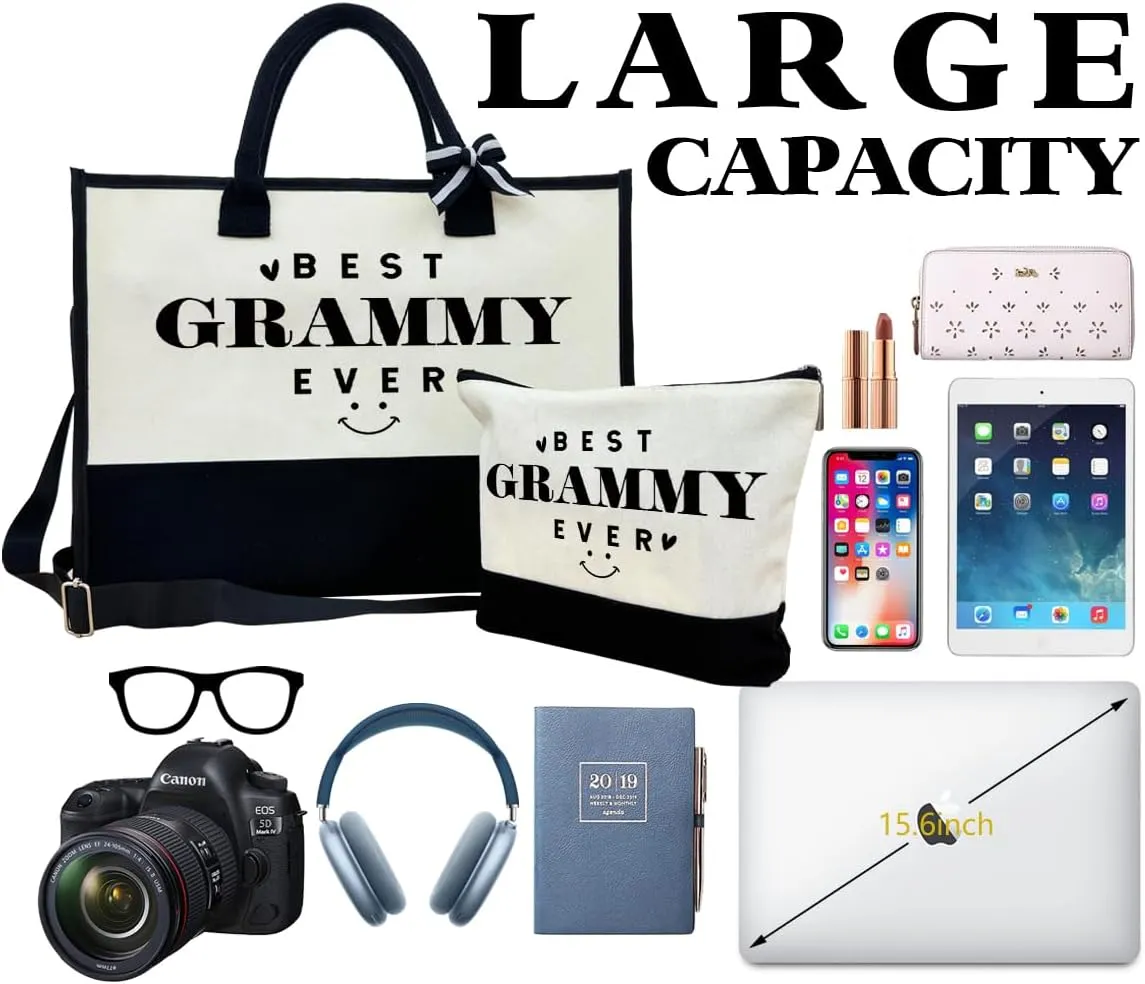 SUSZDOU Gift for Best Grammy Ever, Canvas Beach Tote for Women, Grammy Birthday & Mother's Day Gift, Canvas Outing Bag with Make Up Bag