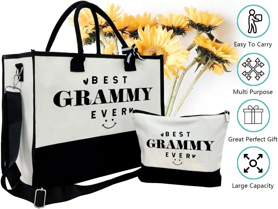 SUSZDOU Gift for Best Grammy Ever, Canvas Beach Tote for Women, Grammy Birthday & Mother's Day Gift, Canvas Outing Bag with Make Up Bag