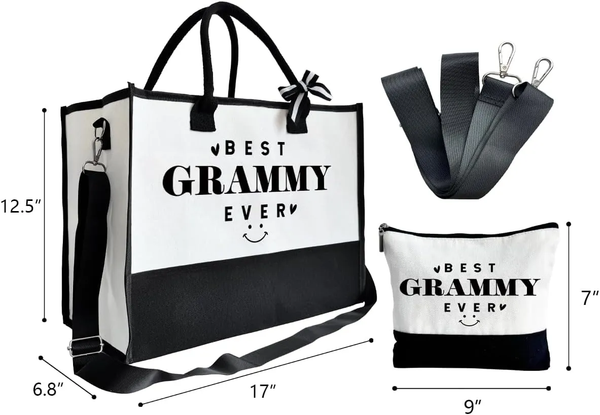 SUSZDOU Gift for Best Grammy Ever, Canvas Beach Tote for Women, Grammy Birthday & Mother's Day Gift, Canvas Outing Bag with Make Up Bag