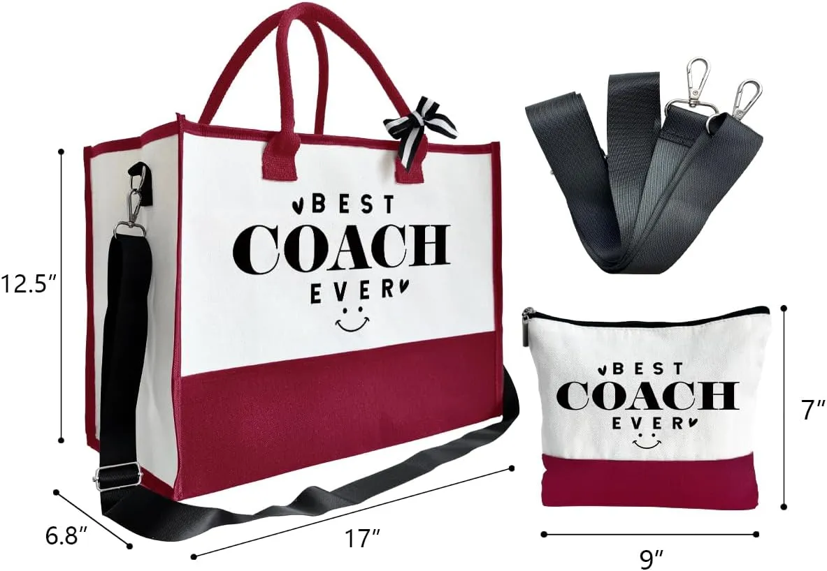 SUSZDOU Gifts for Best Coach Ever - Canvas Beach Tote Bag with Matching Makeup Pouch, Durable Travel Gym Camping Bag, Thank You Gift for Sports Coach, Female Trainers Gifts for Women A1
