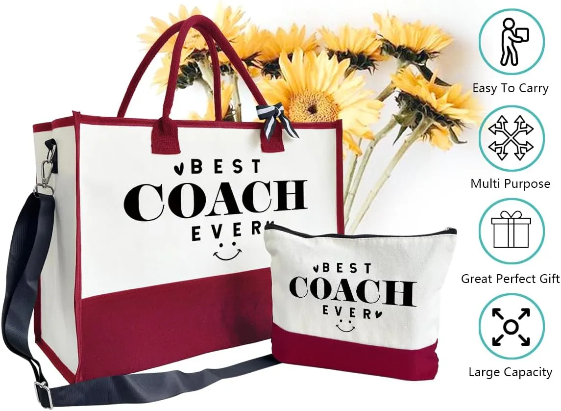 SUSZDOU Gifts for Best Coach Ever - Canvas Beach Tote Bag with Matching Makeup Pouch, Durable Travel Gym Camping Bag, Thank You Gift for Sports Coach, Female Trainers Gifts for Women A1