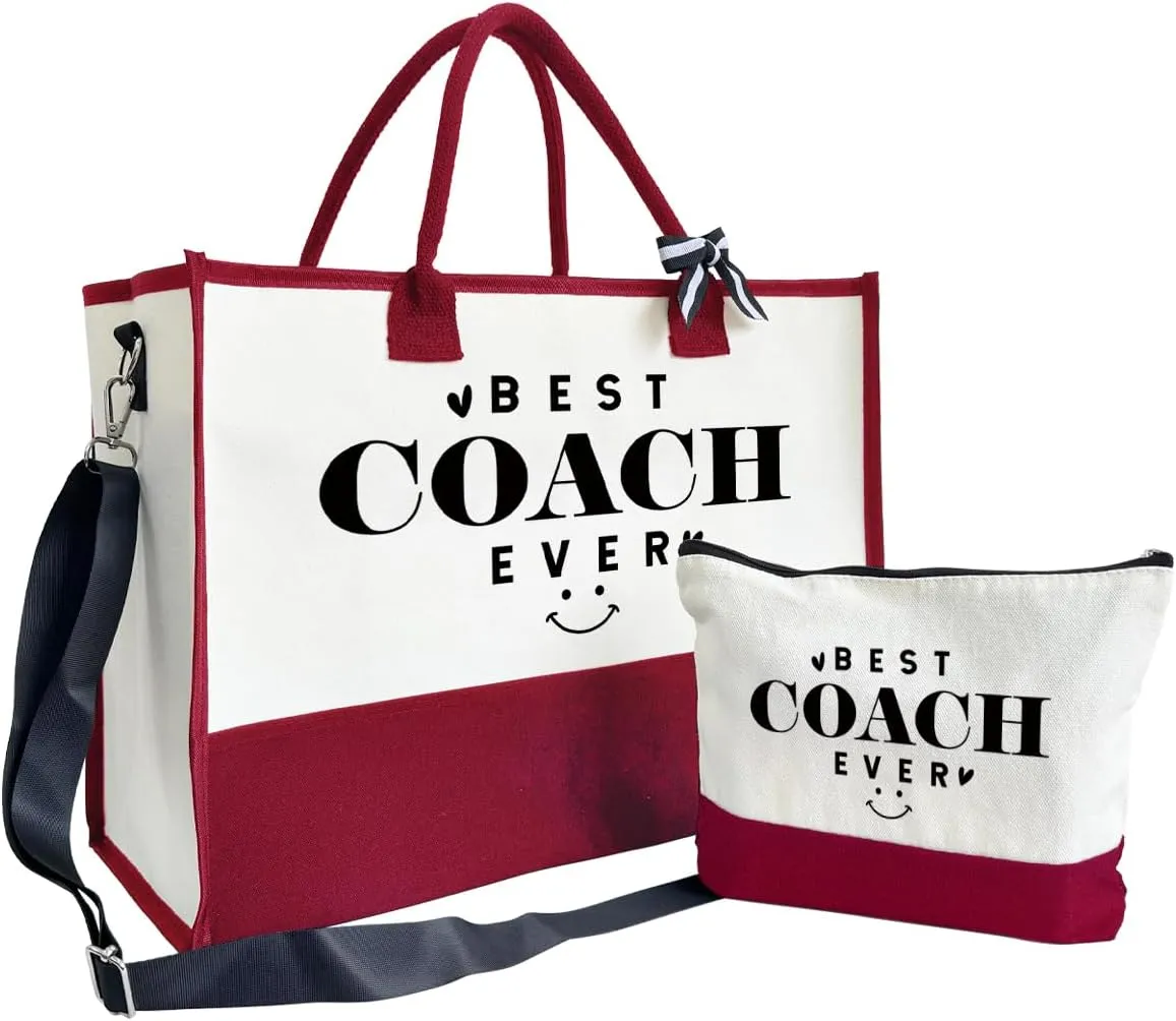 SUSZDOU Gifts for Best Coach Ever - Canvas Beach Tote Bag with Matching Makeup Pouch, Durable Travel Gym Camping Bag, Thank You Gift for Sports Coach, Female Trainers Gifts for Women A1